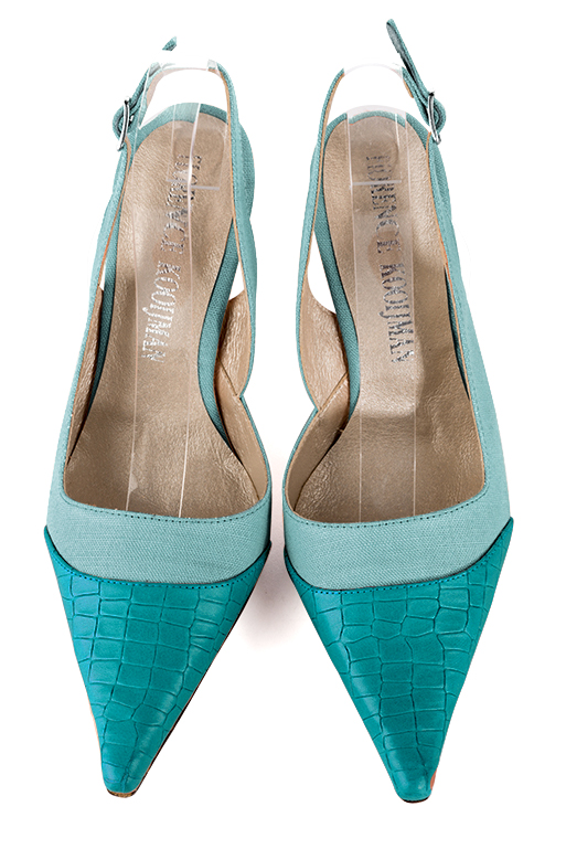 Turquoise blue women's slingback shoes. Pointed toe. High spool heels. Top view - Florence KOOIJMAN